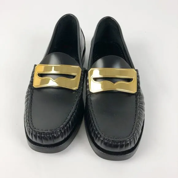 Buscemi Womens Town Loafers EU 35 US 5 Black Block Heels Flats Gold Accent NWOB