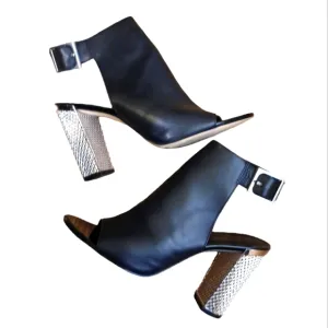Calvin Klein Open Toe Silver Heel Sandals Black Leather Sling Back Heels  sz 8