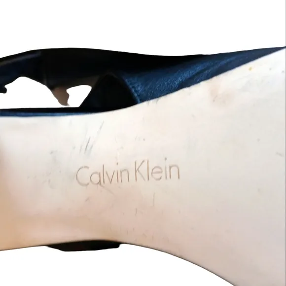 Calvin Klein Open Toe Silver Heel Sandals Black Leather Sling Back Heels  sz 8