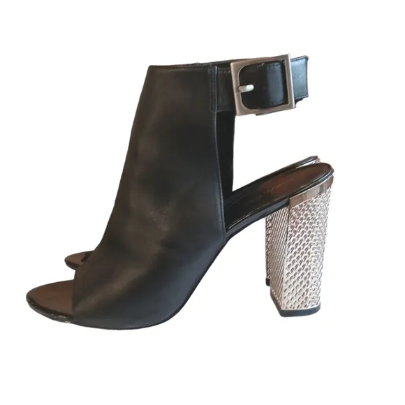 Calvin Klein Open Toe Silver Heel Sandals Black Leather Sling Back Heels  sz 8