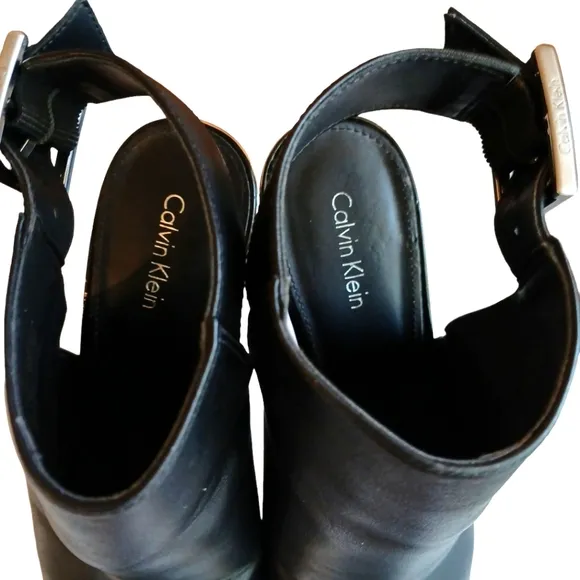 Calvin Klein Open Toe Silver Heel Sandals Black Leather Sling Back Heels  sz 8