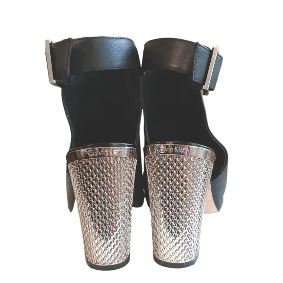 Calvin Klein Open Toe Silver Heel Sandals Black Leather Sling Back Heels  sz 8