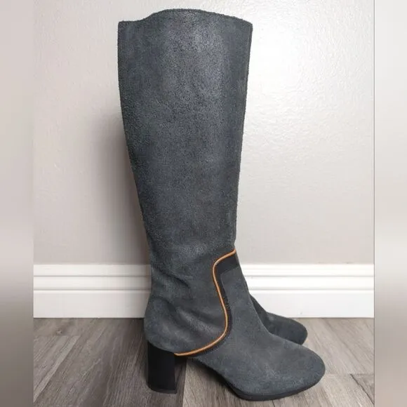Camper Gray Black Orange Leather Streamline Stripe Block Heeled Boots 37 EU 7US