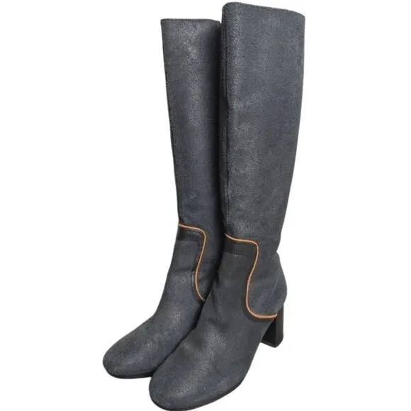Camper Gray Black Orange Leather Streamline Stripe Block Heeled Boots 37 EU 7US