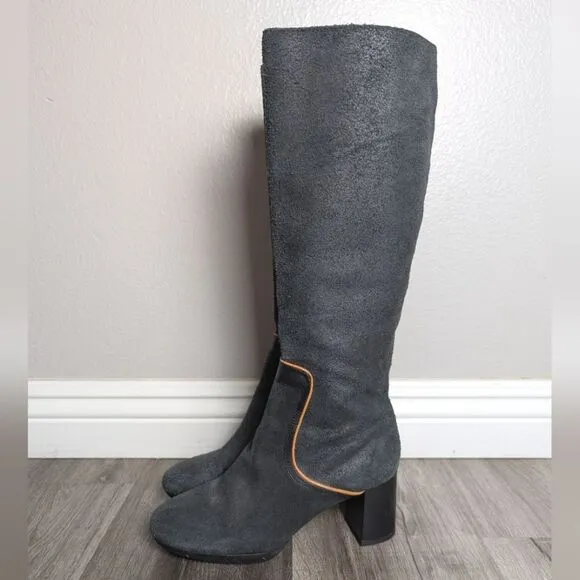Camper Gray Black Orange Leather Streamline Stripe Block Heeled Boots 37 EU 7US