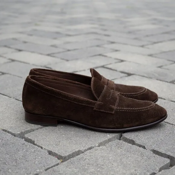 Carmina Unlined Penny Loafers 80546 UETAM EE in Brown Suede