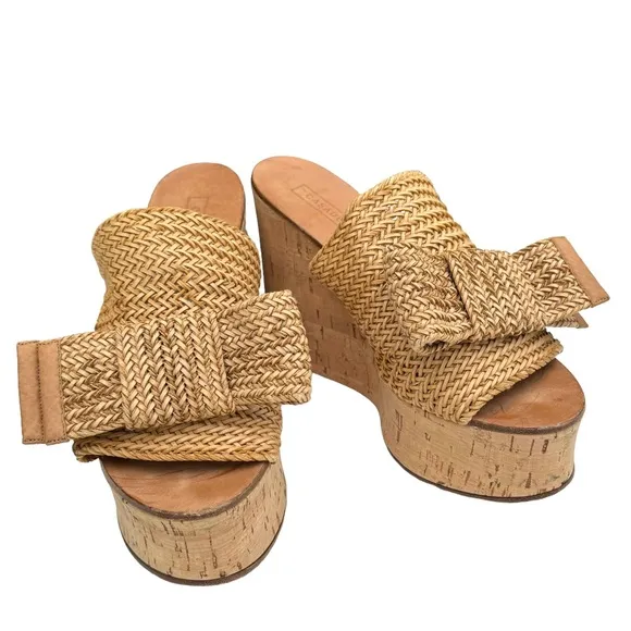 Casadei Raffia Knit Beige Platform Sandal Bow Detail Cork Wedge Italian Mules