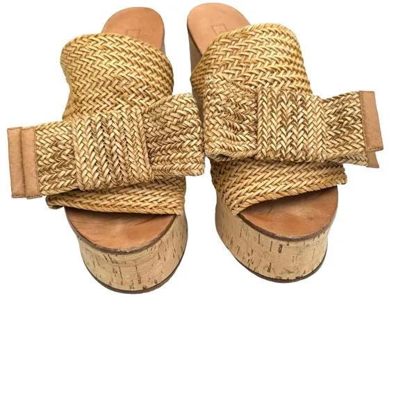 Casadei Raffia Knit Beige Platform Sandal Bow Detail Cork Wedge Italian Mules