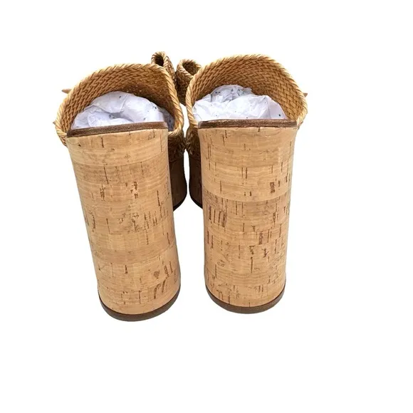 Casadei Raffia Knit Beige Platform Sandal Bow Detail Cork Wedge Italian Mules