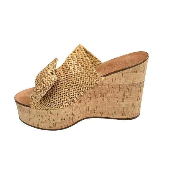 Casadei Raffia Knit Beige Platform Sandal Bow Detail Cork Wedge Italian Mules