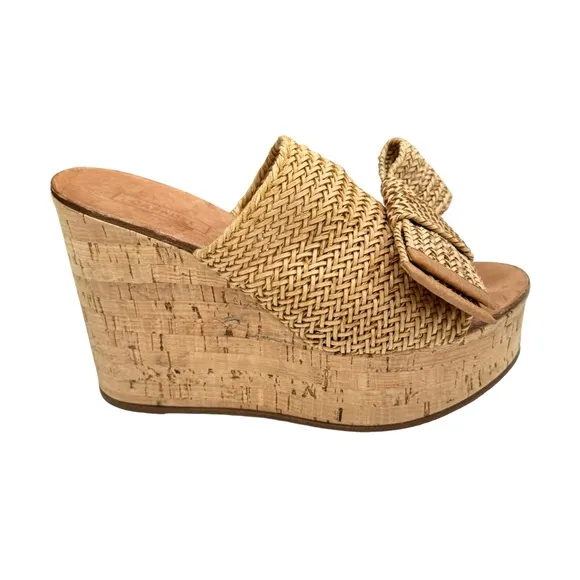 Casadei Raffia Knit Beige Platform Sandal Bow Detail Cork Wedge Italian Mules