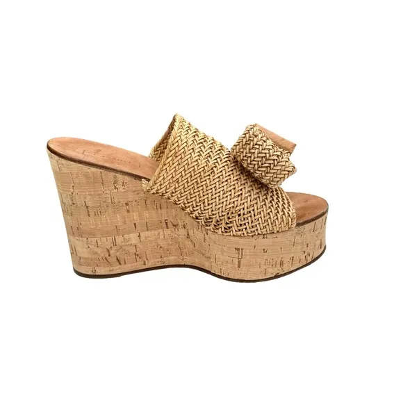 Casadei Raffia Knit Beige Platform Sandal Bow Detail Cork Wedge Italian Mules