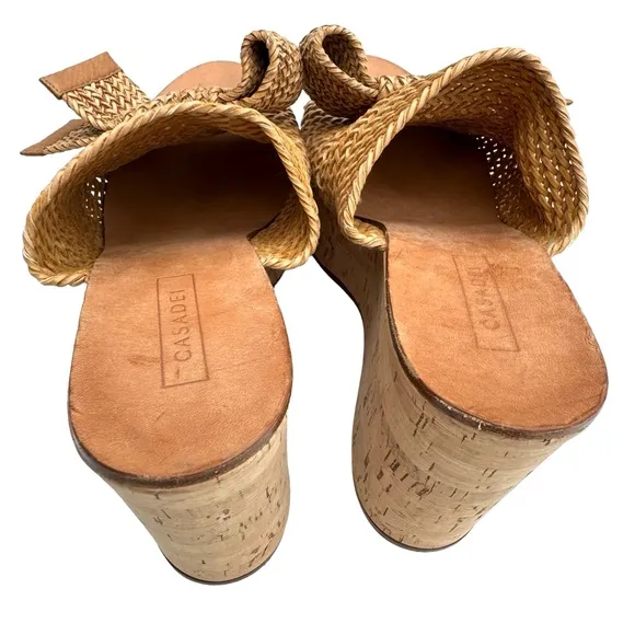 Casadei Raffia Knit Beige Platform Sandal Bow Detail Cork Wedge Italian Mules
