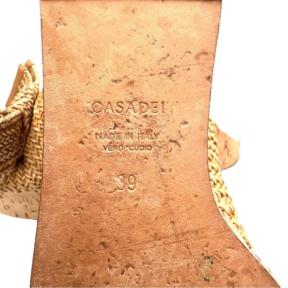 Casadei Raffia Knit Beige Platform Sandal Bow Detail Cork Wedge Italian Mules