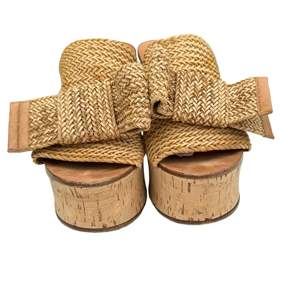Casadei Raffia Knit Beige Platform Sandal Bow Detail Cork Wedge Italian Mules