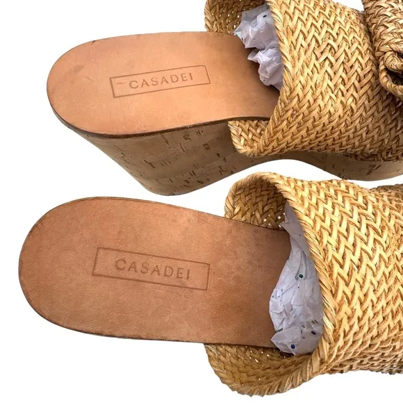 Casadei Raffia Knit Beige Platform Sandal Bow Detail Cork Wedge Italian Mules