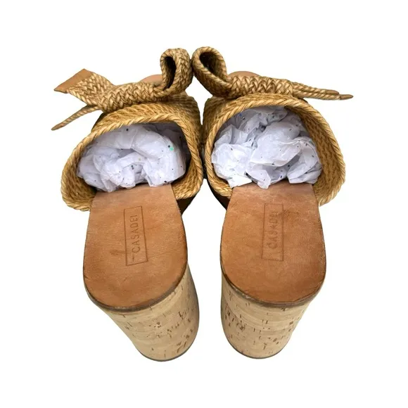 Casadei Raffia Knit Beige Platform Sandal Bow Detail Cork Wedge Italian Mules