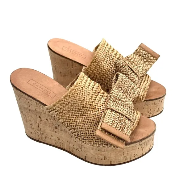 Casadei Raffia Knit Beige Platform Sandal Bow Detail Cork Wedge Italian Mules