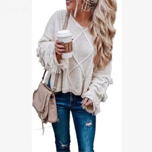 Casual V-Neck Tassel Bell Long Sleeve Boho Sweater