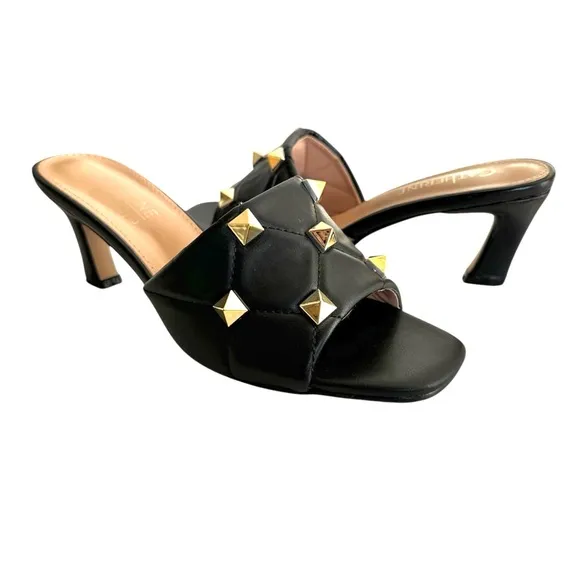 Catherine Malandrino Quilted Studded Sandals Black Leather Valentino Style Mules