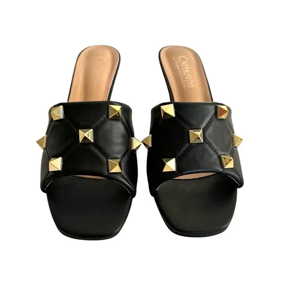 Catherine Malandrino Quilted Studded Sandals Black Leather Valentino Style Mules
