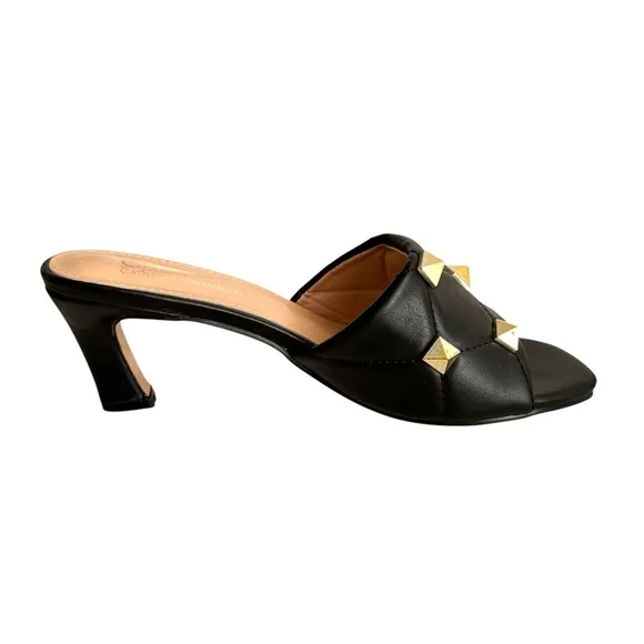 Catherine Malandrino Quilted Studded Sandals Black Leather Valentino Style Mules