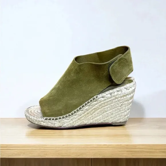 CELINE Paris Made In Spain Suede Olive Green Jute Open Toe Wedge Espadrilles