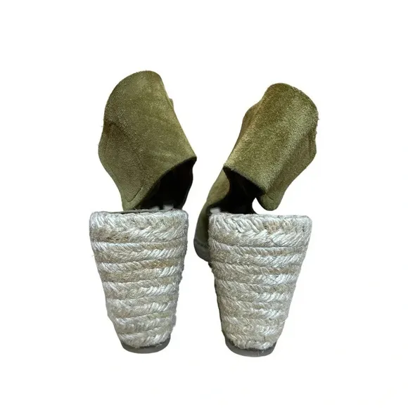 CELINE Paris Made In Spain Suede Olive Green Jute Open Toe Wedge Espadrilles