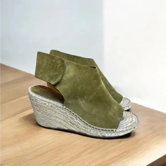 CELINE Paris Made In Spain Suede Olive Green Jute Open Toe Wedge Espadrilles