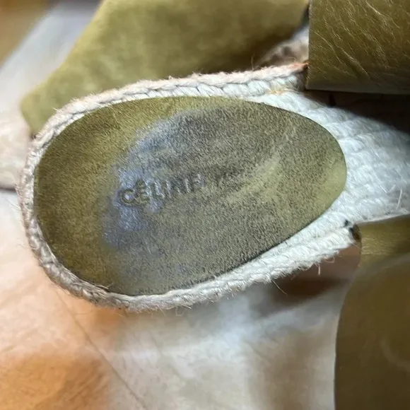 CELINE Paris Made In Spain Suede Olive Green Jute Open Toe Wedge Espadrilles