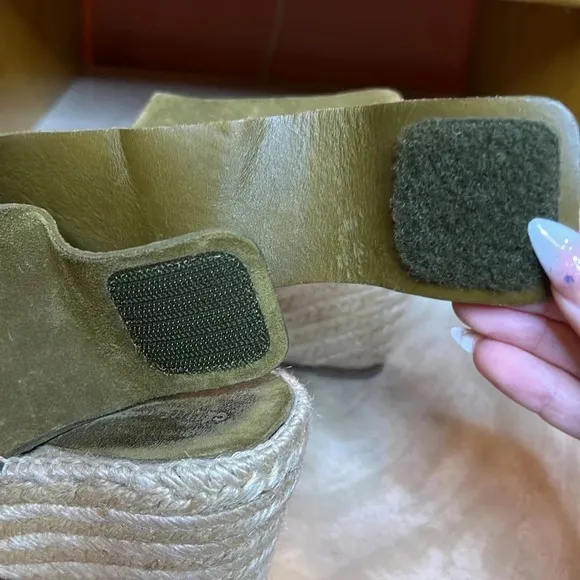CELINE Paris Made In Spain Suede Olive Green Jute Open Toe Wedge Espadrilles