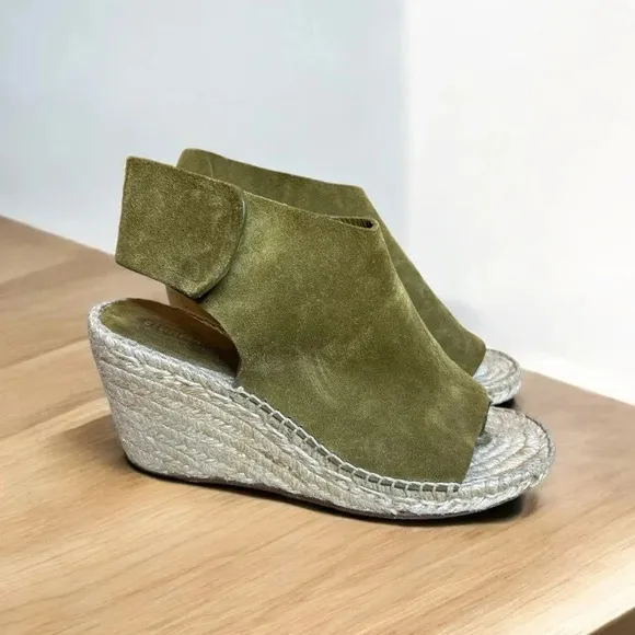 CELINE Paris Made In Spain Suede Olive Green Jute Open Toe Wedge Espadrilles