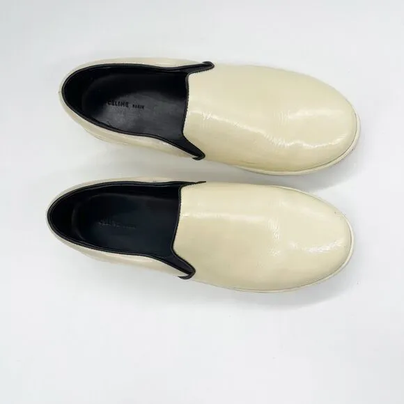 Celine Patent Leather Slip On Sneaker Womens Size 38 Off White Cream Rubber Sole