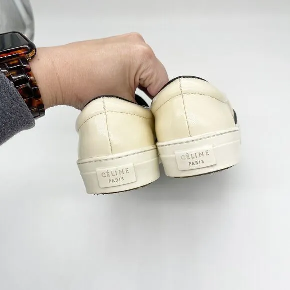 Celine Patent Leather Slip On Sneaker Womens Size 38 Off White Cream Rubber Sole