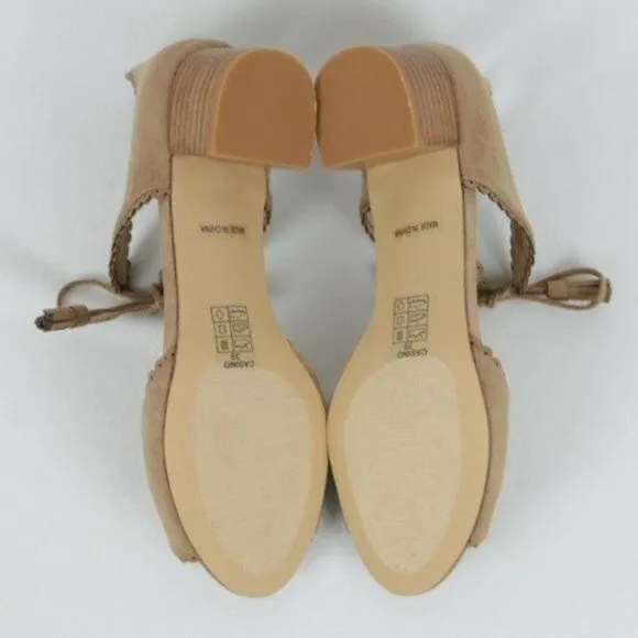 Chelsea Crew Casino Women's Size 39 Tan Vegan Suede Tie Closure Heeled Sandals