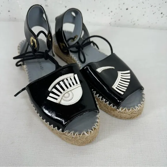 Chiara Ferragni Size 37 Winking Black Patent Leather Platform Espadrilles