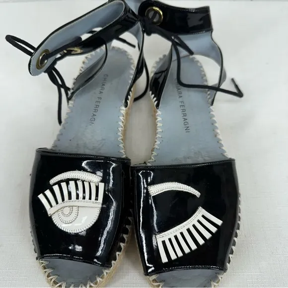 Chiara Ferragni Size 37 Winking Black Patent Leather Platform Espadrilles
