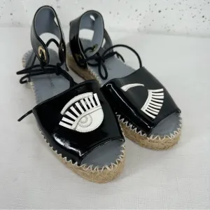 Chiara Ferragni Size 37 Winking Black Patent Leather Platform Espadrilles