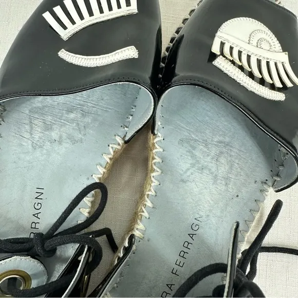 Chiara Ferragni Size 37 Winking Black Patent Leather Platform Espadrilles
