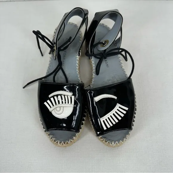 Chiara Ferragni Size 37 Winking Black Patent Leather Platform Espadrilles