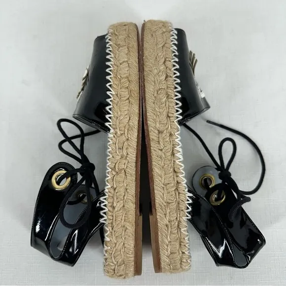 Chiara Ferragni Size 37 Winking Black Patent Leather Platform Espadrilles