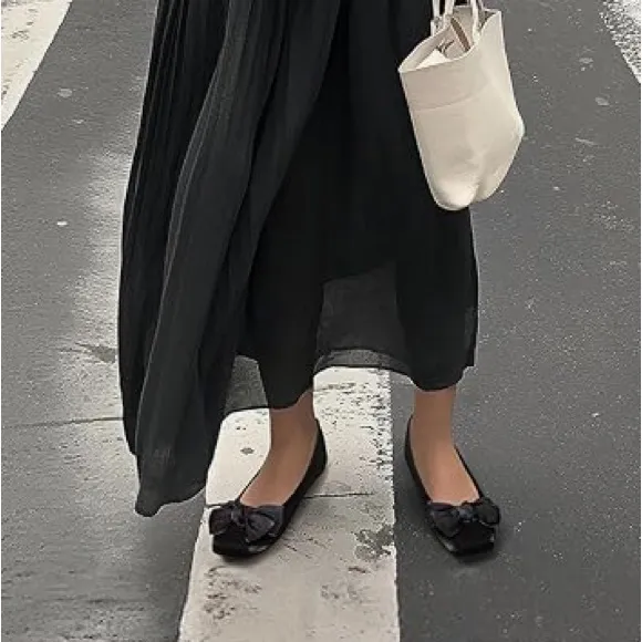 Chicmyth Ballet Flats Square Toe Mary Jane Flats;Satin Material Bowknot Elegant