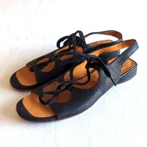 CHIE MIHARA Flat Black Leather Gladiator Lace Up Sandals Women's Size 40