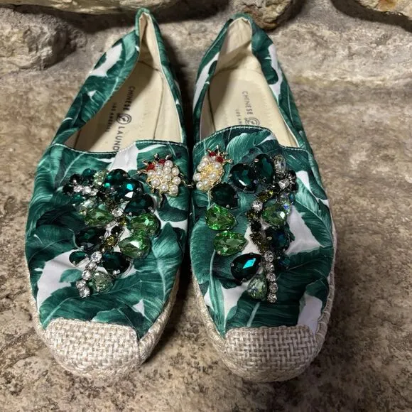 CHINESE Laundry Hayden Green Tropical Print Beaded Bug Espadrilles Shoes 9/40