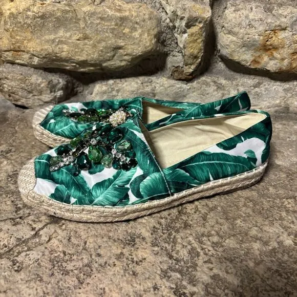 CHINESE Laundry Hayden Green Tropical Print Beaded Bug Espadrilles Shoes 9/40