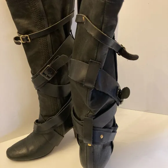Chloe Black Leather Belt Wrapped Calf Height Heeled Boots Women’s Size 36