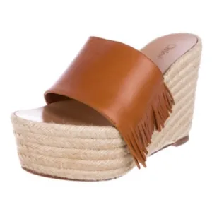 Chloe Estel Leather Fringe Platform Sandals Wedge Espadrilles