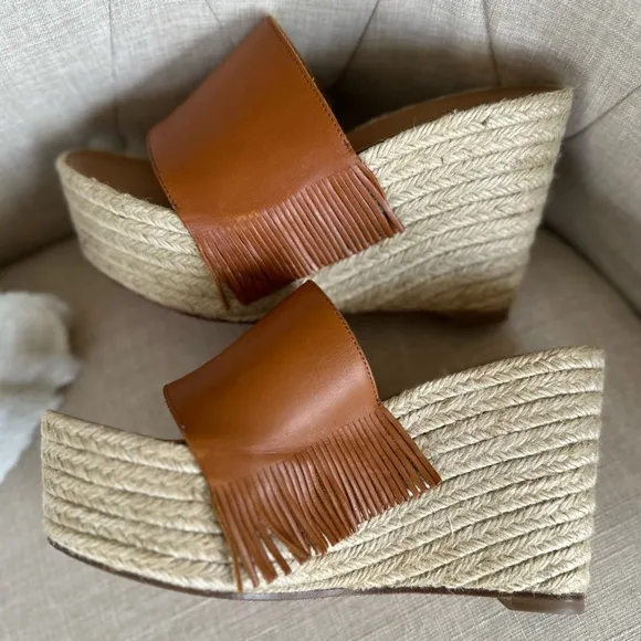 Chloe Estel Leather Fringe Platform Sandals Wedge Espadrilles