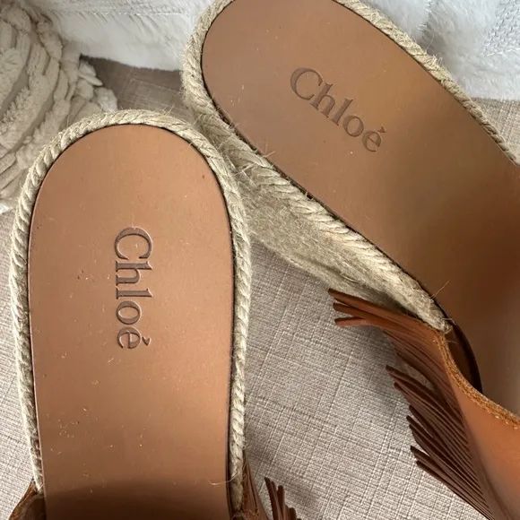 Chloe Estel Leather Fringe Platform Sandals Wedge Espadrilles