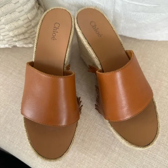 Chloe Estel Leather Fringe Platform Sandals Wedge Espadrilles
